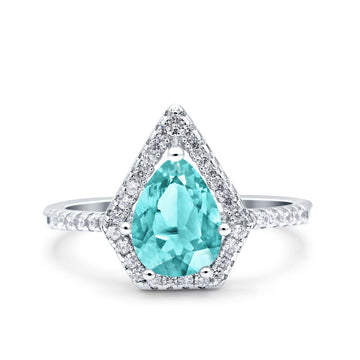 Halo Art Deco Solitaire Accent Pear Wedding Bridal Ring Simulated Paraiba Tourmaline CZ 925 Sterling Silver